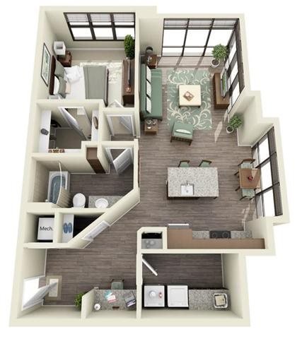 1 bed 1 bath Floor Plan Brevard - Fountains Southend Apartments 1 bed 1 bath Floor Plan Brevard - Fountains Southend Apartments